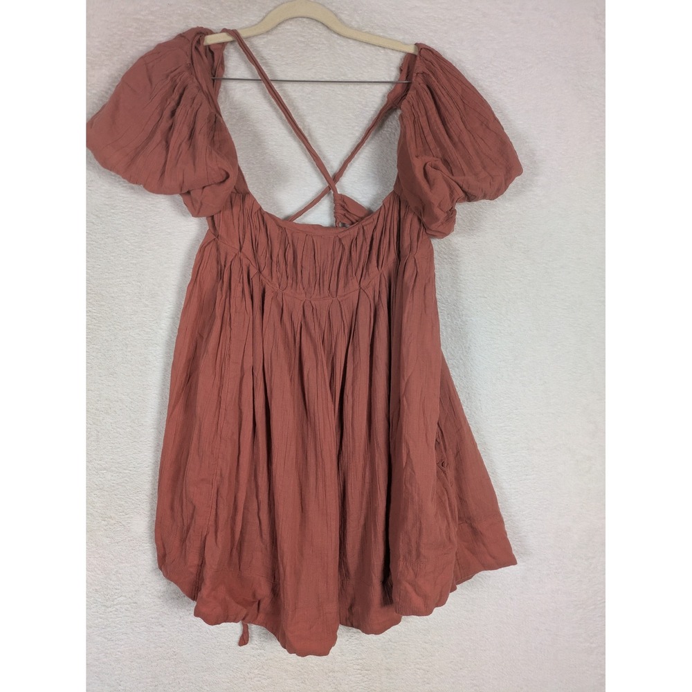 Free People Mini Dress Women's M Rust Orange Puff Sleeve Boho Open Back Gauze